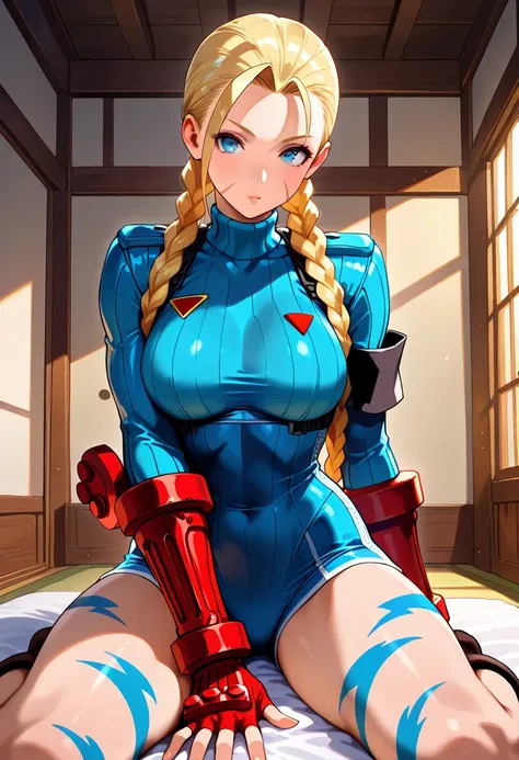 masterpiece,best quality,beautiful detailed face,detailed skin,detailed texture,high resolution,street fighter,street fighter, cammy white,1girl, blonde twin braids,shirt,shorts,room
