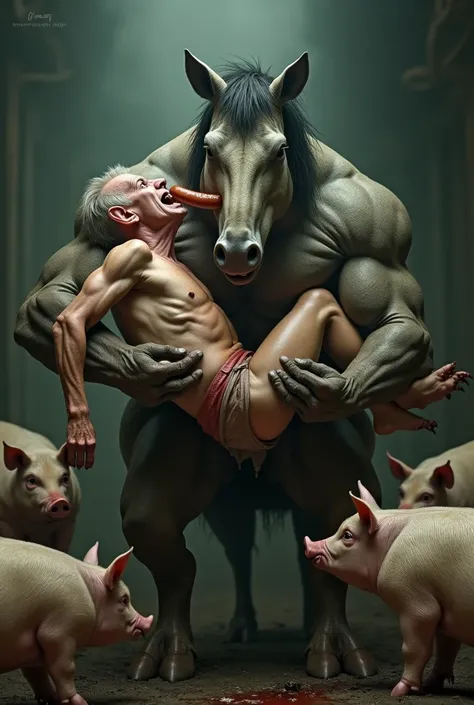  Here is the prompt with a tone of terror :  

**" In the center of a filthy and stuffy pigsty ,  a grotesquely muscular horse holds a frail old man in its arms ,  its hooves stained with mud and blood . the Old Man,  wearing only dirty underwear ,  trembl...