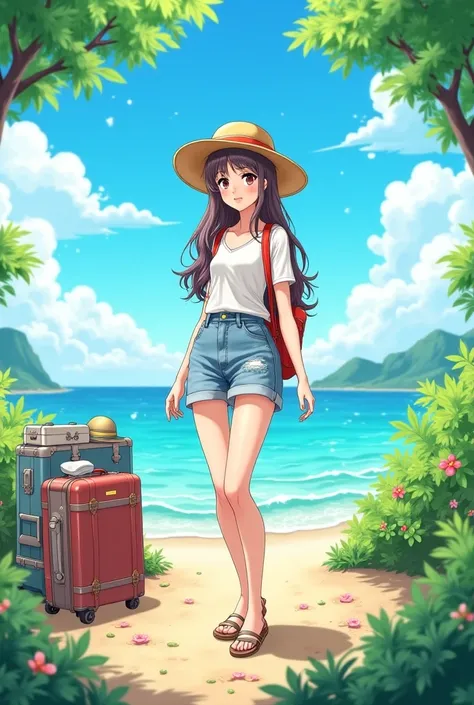  1girl 、((Sweet and sexy))、thought bubble, (Next activity) showing their daily routines in a park with sea. board、hat、Travel luggage stable_Yogis_Animetoon  _Negatives-neg