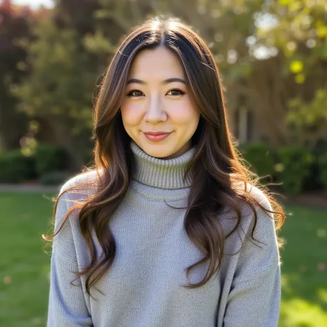 This is a high-resolution photograph of Fuslie. She wears a light grey, ribbed, turtleneck sweater that fits snugly and highlights her slender neck and collarbone. The sweater appears to be made of a soft, knitted fabric, which adds to the cozy, autumnal f...