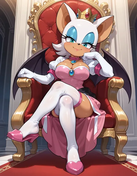 masterpiece, best quality, amazing quality, very aesthetic, absurdres, source furry, ((Rouge the bat)), ((short body)), half closed eyes, cyan eyes, blue eye makeup, (seductive stare), (looking at viewer), smile, closed mouth, indoors, throne room, princes...