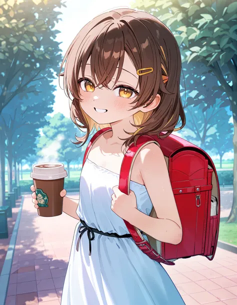 Masterpiece, hd, 1girl, best quality, brown hair, medium hair, hair clip, smile, wearing strapless dress, young girl, wearing randoseru backpack, (randoseru backpack:1.2), outdoor, park, holding a cup of coffee