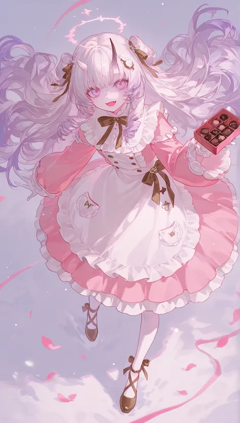 (1 girl with pale blown hair :1.4), botanical background、 pale colored background, the petals dance、detailed costume, Sunshine, dynamic angle, brown and pink clothes, pastry chef clothes, Clothes that are a mixture of pastry chef clothes and Lolita fashion...