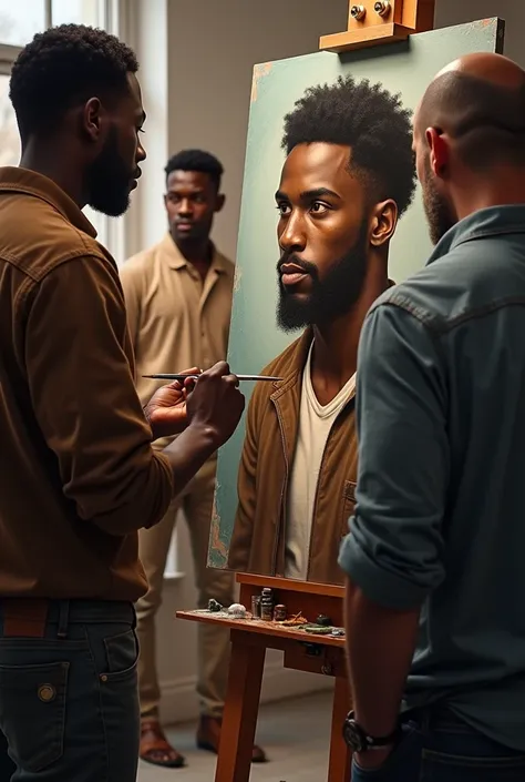 A black man paints a portrait of his black friend while two white men watch them 