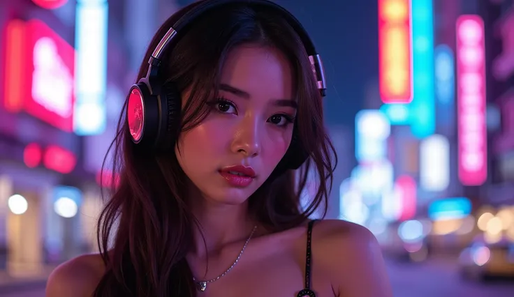 The best photos for TikTok、Beauty、 DYNAMIC ANGLES、ヘッドフォンをしているBeauty、Night city background with neon lights