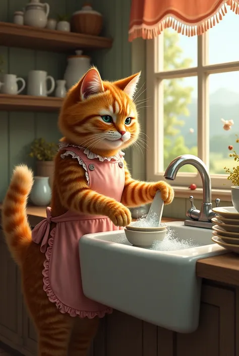 Create a scene of a cat washing dishes in westapel while standing