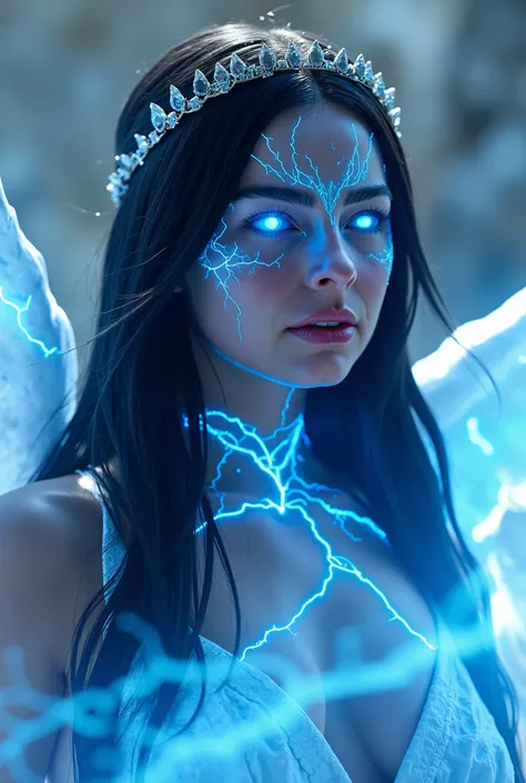 (((shining blue electric eyes))), beautiful angelic girl with electric white wings, (((glowing with electricity blue veins))), blue glowing veins, glowing veins, bright glowing veins, long flowing dark black hair, white pale skin with blue tattoos and mark...