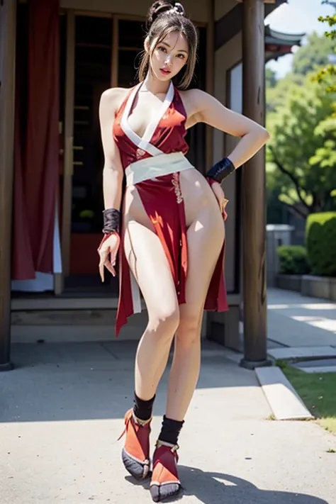 mai shiranui, (tabi:1.5), (Full body:1.4), (Photo realistic:1.2), (masterpiece:1.2), (Best Quality), (ultra-detailliert), (8K, 4K, Convoluted), (Flat Lighting:1.2), (skinny), Prestige, Brown eyes, Long hair, brown eyes, long hair, brown hair, white ribbon,...