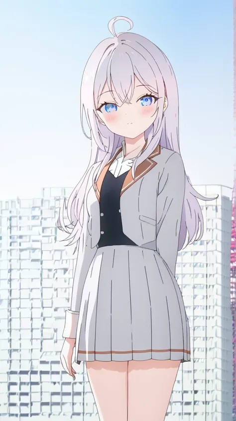 Alya,  Tokyo tower  , Wearing short skirt, High Resolution, Long Hair,  Blush, Blue eyes, White Hair with least silver, Wide Shot, Anime Style, Anime, High Resolution, Accurate, Detail, HD, High Quality, UHD, Happy,  Long Hair, Blue eyes, Blue eyes, 