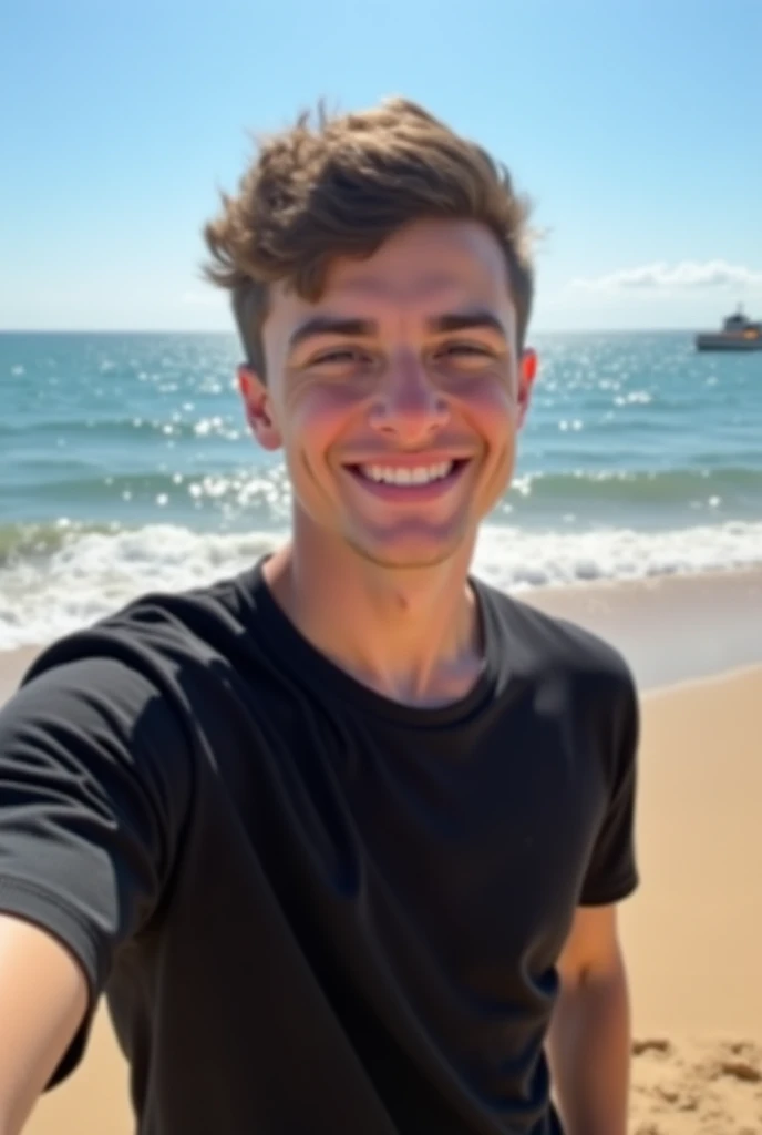 ( masterpiece,  high quality, alta resolución,  realistic photo selfie,  photography) A beautiful boy, About 18 years old,  brown hair,  light brown eyes,  with a beautiful smile , cuerpo completo,  wearing a black shirt and black pants, and behind it a be...