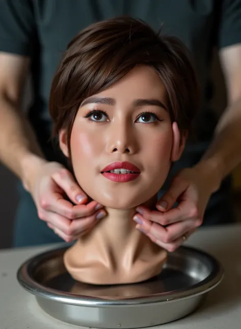 A beautiful 19 year old young american woman's disembodied head is standing on a silver tray.  Side view of the head. No neck no shoulders. She has beautiful straight thick smooth silky brunette short pixie hair. Two hands are grabbing her neck from behind...