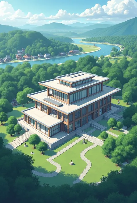 A modern library oxta  from outside anime style contryside