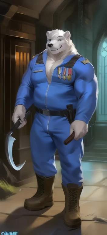  alone, Male tall  , big body,riding a chair  ,Underworld , carry the sickle as a weapon to represent the meaning of doom., Polar bear ,Light blue casual outfit. Soldiers  ,  Wearing Boots , Overweight ,  Muscle ,  military, smiling blue tracksuit  , by ch...