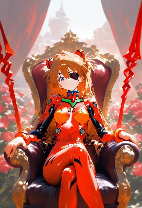 8K wallpaper、 highest quality、 Masterpiece、 high detail、 1 girl,  Soryu Asuka Langley, neon genesis  Evangelion, Eye patch,  red plug suit,  red dress、Shoulder exposed、red big horn 、 Red Flower Hair Ornament、 Seated , On the throne, Crossed legs,  head til...