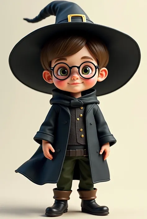 ILLUSTRATIONS IN SIZE 18 CM x 24 CM OF A BOY WEARING WITCH CLOTHES, black cover,   in different scenarios , WITH ROUND LENS GLASSES, AND A SMALL SCARRED MARK IN THE SHAPE OF A RAY ON THE FOREHEAD.  PLAYFUL 3D DESIGN WITH LOOSE AND DELICATE FEATURES 