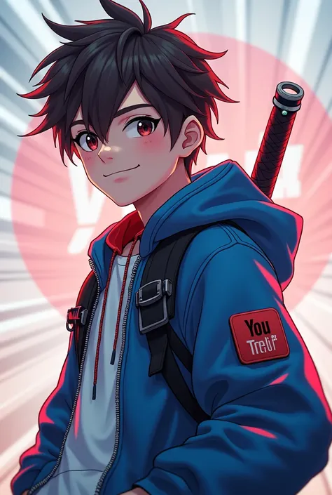 Youtube logo of a futuristic anime cartoon boy with brown hair and a blue hoodie smiling with a cool looking sword on his back