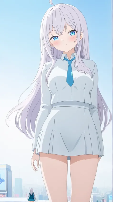 Alya,  shinjuku , Wearing short skirt, reveal thighs, High Resolution, Long Hair,  Blush, Blue eyes, White Hair with least silver, Wide Shot, Anime Style, Anime, High Resolution, Accurate, Detail, HD, High Quality, UHD, Happy,  Long Hair, Blue eyes, Blue e...