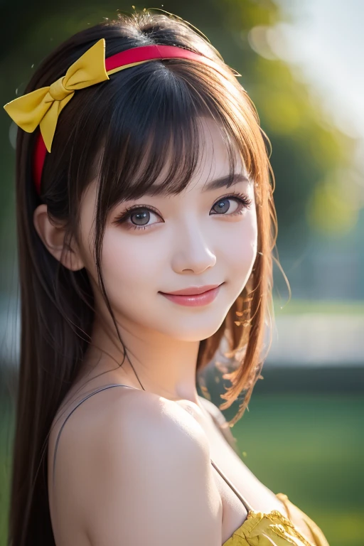 Masterpiece,  best quality ,  best quality , (  intricate detail :1.2),  beautiful eyes,  1 girl, Alone, Outdoors,  blue sky, cloudy, Bokeh,  lens flare, anamorphic  lens flare,  allows depth of field ,  enchanting face ,  bewitching smile, {{heanna_violet...