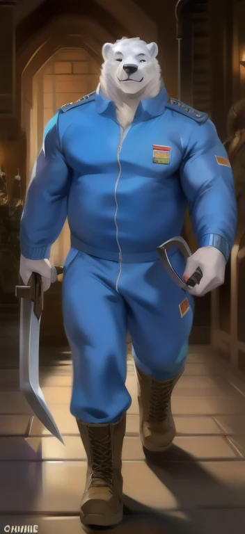  alone, Male tall  , big body,riding a chair  ,Underworld , carry the sickle as a weapon to represent the meaning of doom., Polar bear ,Light blue casual outfit. Soldiers  ,  Wearing Boots , Overweight ,  Muscle ,  military, smiling blue tracksuit  , by ch...