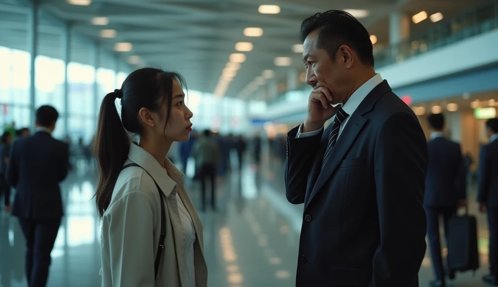 An emotional scene at a Vietnamese airport, a young Asian  (Vietnamese) stands in the middle, tears streaming down their face, looking up at a wealthy Asian businessman (Vietnamese, Korean, or Chinese) in expensive clothes. The businessman appears shocked ...