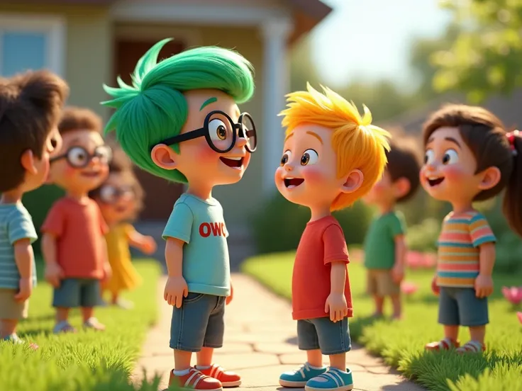 
A 3D Pixar-style illustration with a soft and friendly pastel color palette. Close-up of Owo and his friends, including Dito, engaged in a cheerful conversation in the front yard of the house. Owo, an  boy with bright green hair, big black round glasses, ...