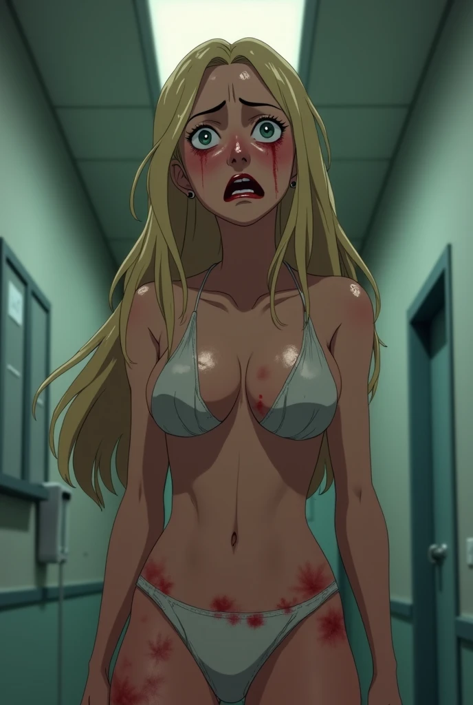 blonde woman crying due to bad surgery split lips buttocks and sagging breasts fat animated