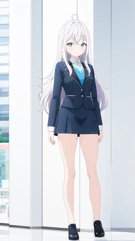 Alya,  shinjuku , Wearing short skirt, reveal legs, High Resolution, Long Hair,  Blush, Blue eyes, White Hair with least silver, Wide Shot, Anime Style, Anime, High Resolution, Accurate, Detail, HD, High Quality, UHD, Happy,  Long Hair, Blue eyes, Blue eye...