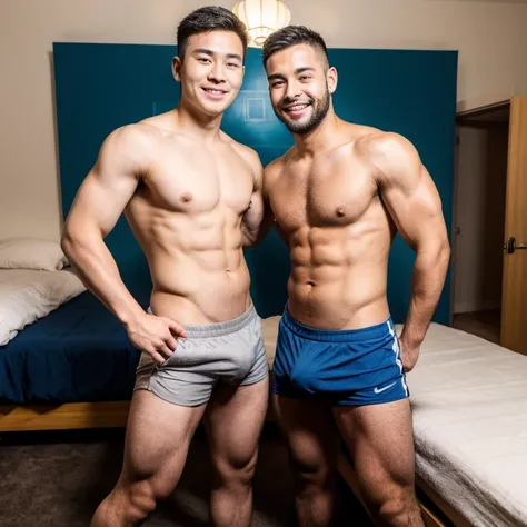 2man, conjoined Chinese guy, neat muscular, shorts, shirtless, bed room, smile, bulge, full body, two head one body