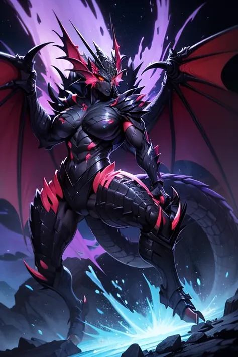  a huge dragon ,obsidian scales, red eyes, big claws and huge wings,Transforms into human , with a .   Purple aura around 