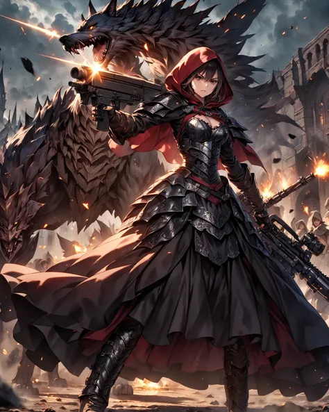 dark fantasy illustration, a battle-hardened Little Red Riding Hood girl wearing survival boots, gripping a massive machine gun, firing with a determined glare, dynamic and fierce, a spectral wolf looming in the misty background, high-stakes action, gothic...