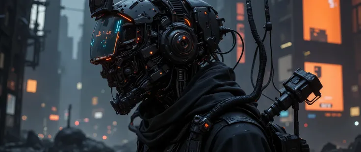dark scifi antigravity floating dystopian brutalist city atmospheric view apoclypse cyber information scout, dressed in sleek, dark mechanical armor with intricate, weathered details, stands in a dynamic pose. The armor is adorned with glowing neon accents...