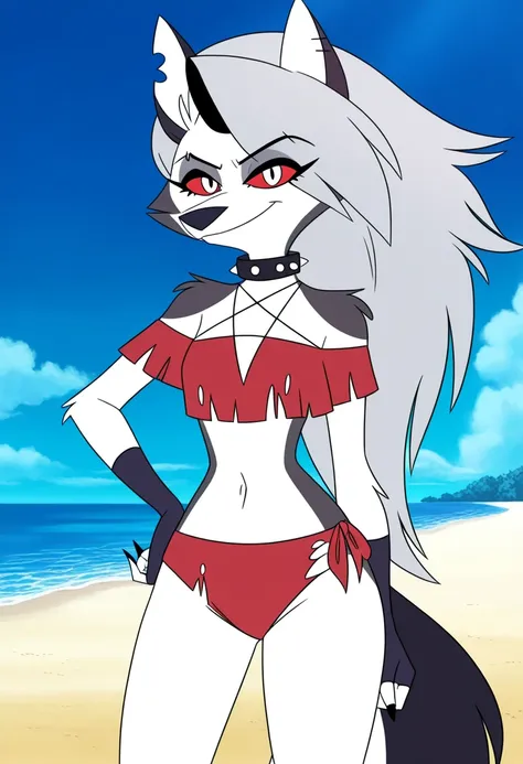 anime screencap, absurdres, high quality, official style, 1girl, solo, loona \(helluva boss\), loona, long hair, red eyes, animal ears, collarbone, tail, grey hair, wolf ears, claws, wolf tail, furry, colored sclera, furry female, wolf girl, body fur, whit...