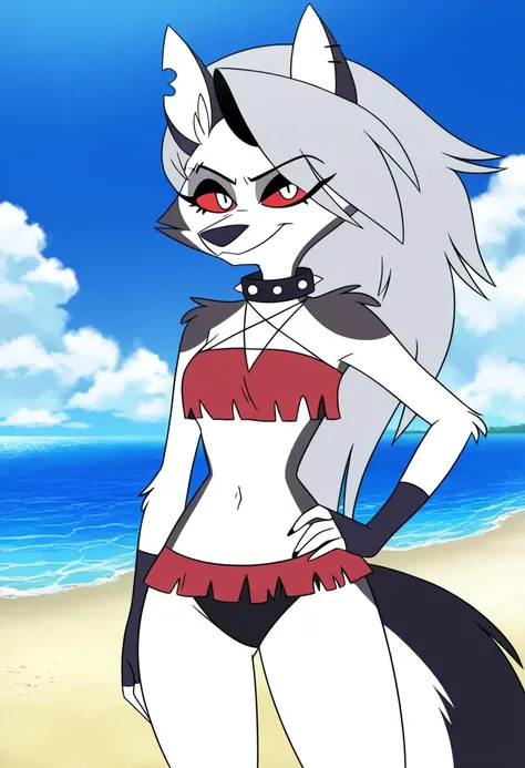 anime screencap, absurdres, high quality, official style, 1girl, solo, loona \(helluva boss\), loona, long hair, red eyes, animal ears, collarbone, tail, grey hair, wolf ears, claws, wolf tail, furry, colored sclera, furry female, wolf girl, body fur, whit...