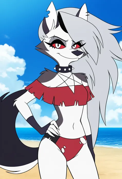 anime screencap, absurdres, high quality, official style, 1girl, solo, loona \(helluva boss\), loona, long hair, red eyes, animal ears, collarbone, tail, grey hair, wolf ears, claws, wolf tail, furry, colored sclera, furry female, wolf girl, body fur, whit...