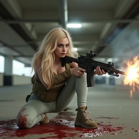 (Sexy beautiful young blonde girl, a self defense, ((wearing tactical light green leggings with tactical belt, wearing bulletproof vest over her tank top, showing her belly button, Beautiful thighs) :1.5), a blonde girl shooting a machine gun at soldiers i...