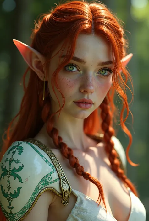  high quality, 8K ultra HD, Hyperrealistic cinematic image with a lot of definition of an elf, full body image.:  Beautiful and young Elf , with very feminine features , of exotic beauty ,  pointy ears , Firm Chest, high, Intense look with emerald green ey...