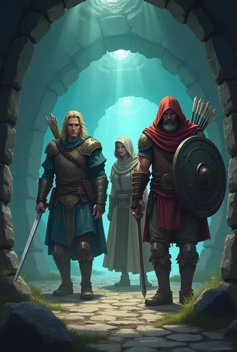 Please make a picture of an adventurer party exploring a dungeon, there are 4 people, the first one is warrior man characters with swords, a female archer with arrows, a wise man wizard wearing a coat/robe, a male tank carrying a large shield. With the sty...