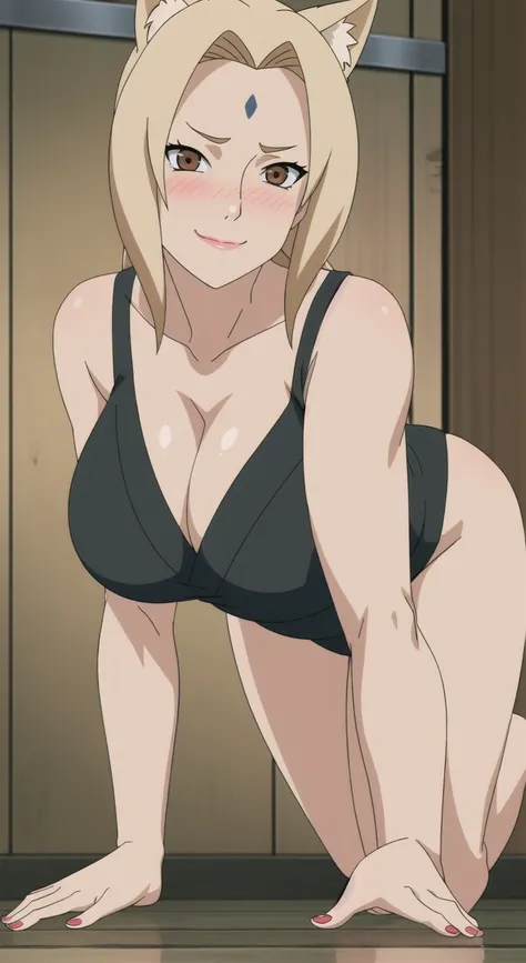   alone focus,   alone, close,     open your mouth wide  ,   watching viewers,((   lingerie )), of ,((Tsunade)), 1 person,((Tsunade milf physique)),(Forehead of top mark  ), ((high twin tail)),blondes, Eye , smile,  Since before , BIG BREAST,  thighs,((   ...