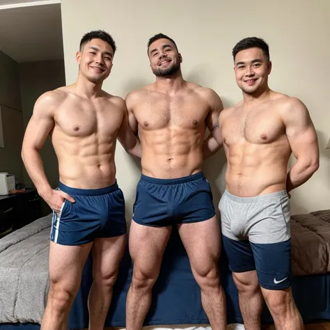 three man, conjoined Chinese guy, neat muscular, shorts, shirtless, bed room, smile, bulge, full body, three head one body