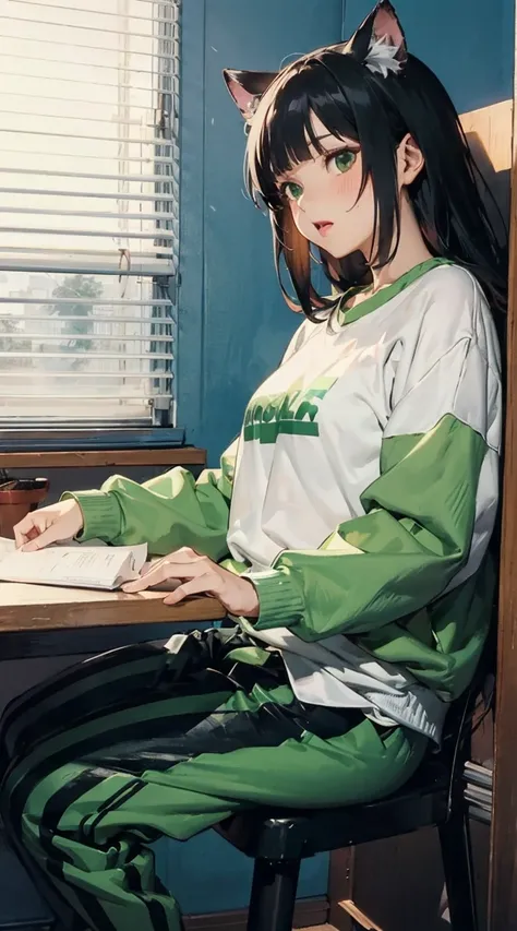 ,score_9, score_8_up, score_7_up, anime origin, squid game uniform, green sweatshirt with white stripe, green sweatpants with white stripe, white shirt with green inside, beautiful sexy cat girl 