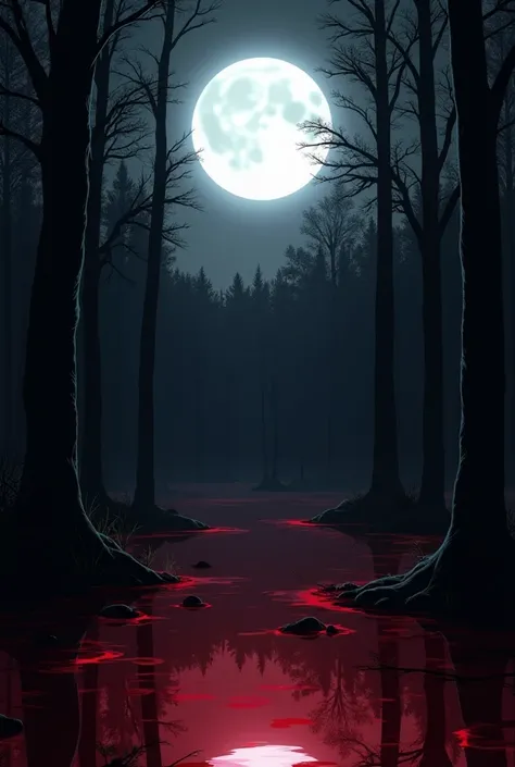 (dark) (dark vampiric Forrest) (blood lake) (blood red lake) (black trees) (shadow trees) (white glowing moon) (bright glowing white moon) (just Forrest nothing) (anime vampiric Forrest) (Forrest) (anime) (Forrest nothing but forrest) (Forrest)