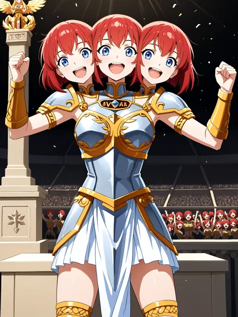 anime girl with three heads, conjoined, gladiator, red hair, short hair, blue eyes, open mouth, victorious, energetic, happy, excited, cheering, arms raised in triumph, light gladiator armor, victory pose, in the center of the arena, podium, cheering crowd...