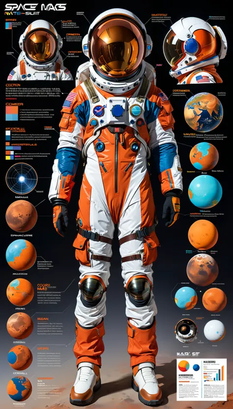 Engineering project to develop a space suit that will take man on pilots to the planet Mars. There are details of dimensions and tables with different references. The design is colorful but appears to have a professional style. The project features a male ...