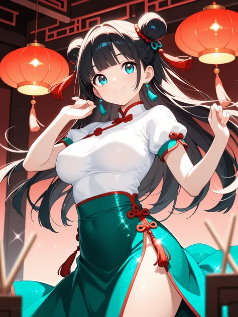  1 girl, Alone,  long hair,  blue eyes,   black hair,   Aqua Eyes,  happy,  closed her mouth, beautiful boobs,  hair bun,   Double Bang , blunt bangs,   object  ,  sticks out your lower back, shirt,  skirt,  Long Sleeve, ribbon,   jewelry, white  shirt, Sh...