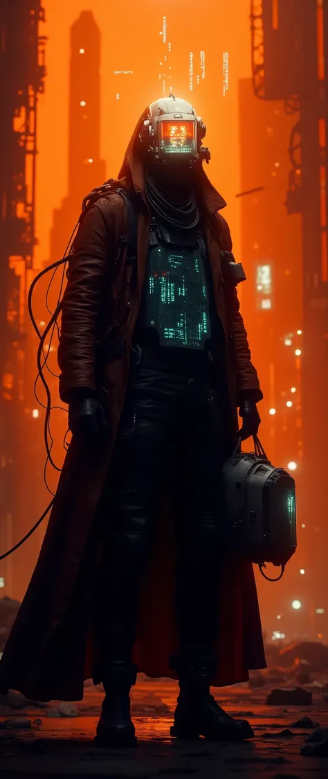 stunning tangarine cityscape apoclypse A cyber information scout clad in dark mechanical armor, equipped with advanced visual devices that hide their face behind a glowing display - ASCII art is visible on the screen. A luminous, tangerine neon-lit backgr...