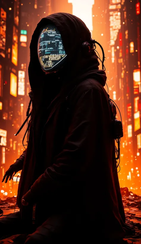 stunning aidmaHyperrealism
tangarine cityscape apoclypse A cyber information scout clad in dark mechanical armor, equipped with advanced visual devices that hide their face behind a glowing display - ASCII art is visible on the screen. A luminous, tangeri...