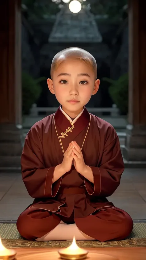  a small Chinese monk ，bald，，Round Head，round face， big eyes，Double eyelids， thick eyebrows，high nose， wearing white cassocks ，facade，Hands were crossed ，  sitting on the ground with his legs crossed  ，Kilo， The background is richly illustrated in detail，8...