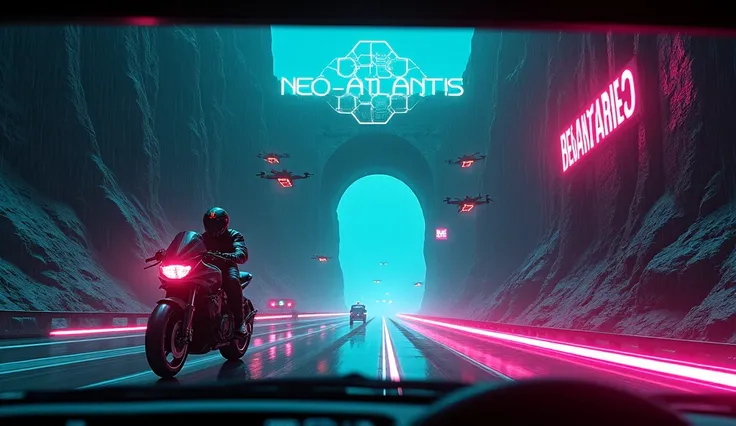 low-angle first-person view from driver's seat, cyberpunk tunnel entrance carved into jagged volcanic island,  
massive obsidian rock formations with glowing neon veins (cyan, magenta), crashing waves against sharp cliffs,  
tunnel entrance: imposing archw...