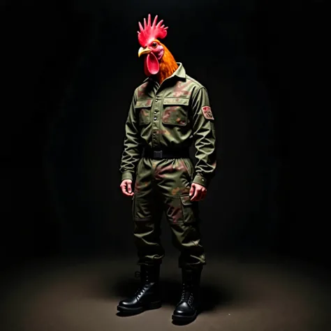 adult male in black army boots, camouflaged pixel-colored military pants and coat  without any shoulder straps or patches.  instead of his head he has the head of ugly angry rooster,  full length photo, photographic quality, 8k quality,  studio dim lightin...