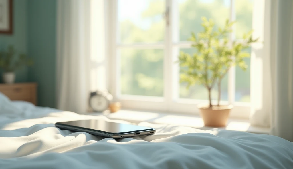 The white bedroom window sill has a smartphone on it, there is a cute little tree